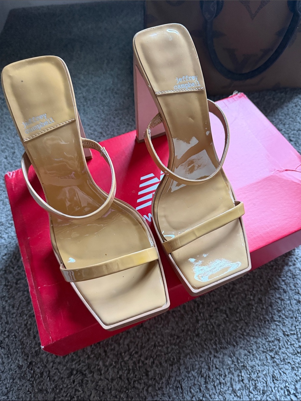 Jeffrey Campbell Nude Patent Square-Toe Strap Block Heels - Picture 3 of 5